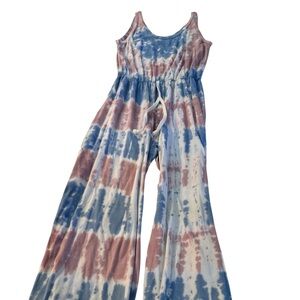 Caution To The Wind Blue and Pink Jumpsuit with Wide-Leg Design
